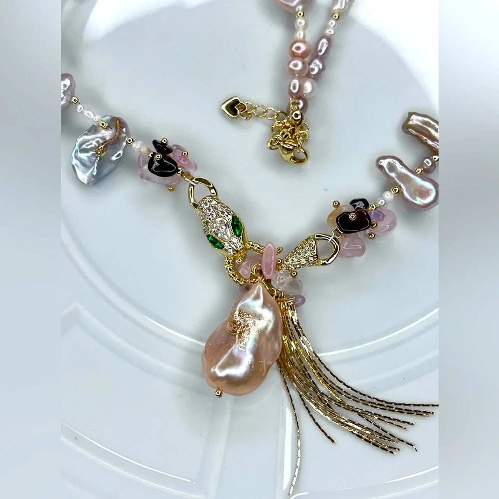 🐍 Handmade Freshwater Pearl Multi Gemstone 💎 Crystal Snake Accents Necklace - Picture 2 of 3